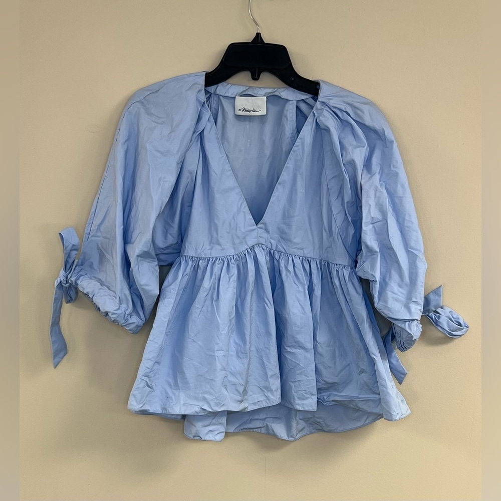 3.1 Phillip Lim Ladies Blue V Neck Cotton Poplin Top